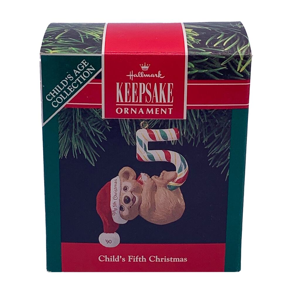 1990 Hallmark Keepsake Child's Fifth Christmas Collectible Bear Ornament in Box
